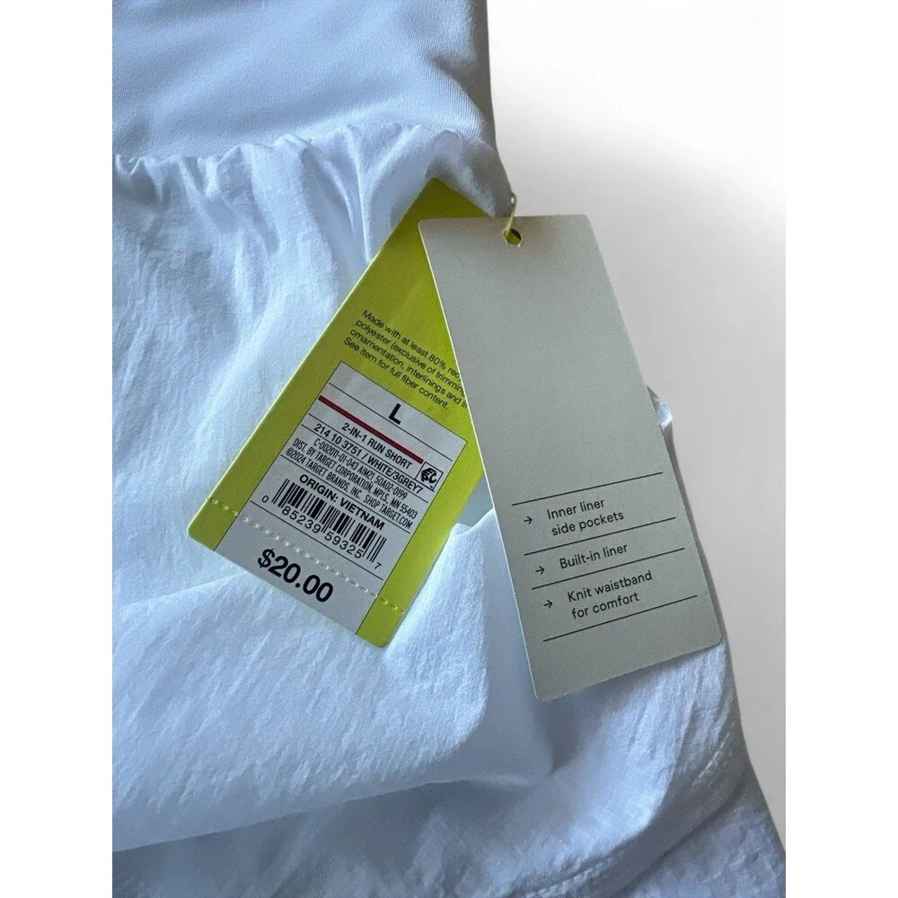 NWT All In Motion Women's L White Athetic 2 in 1 Shorts Ined Knit Waistband NEW